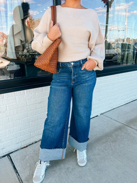 High Rise Cropped Wide-Cuffed Jeans