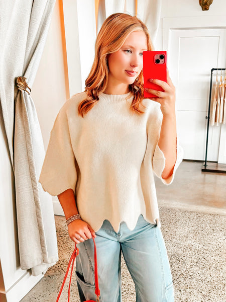 Cream Scallop Sweater Top