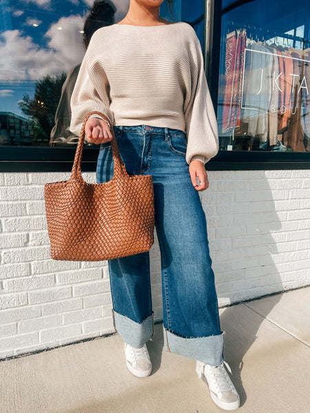 High Rise Cropped Wide-Cuffed Jeans