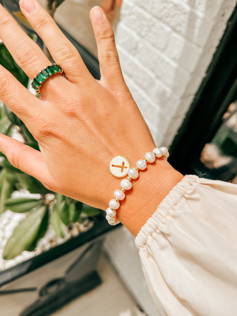 Splendid Iris Cross Engraved Beaded Bracelet